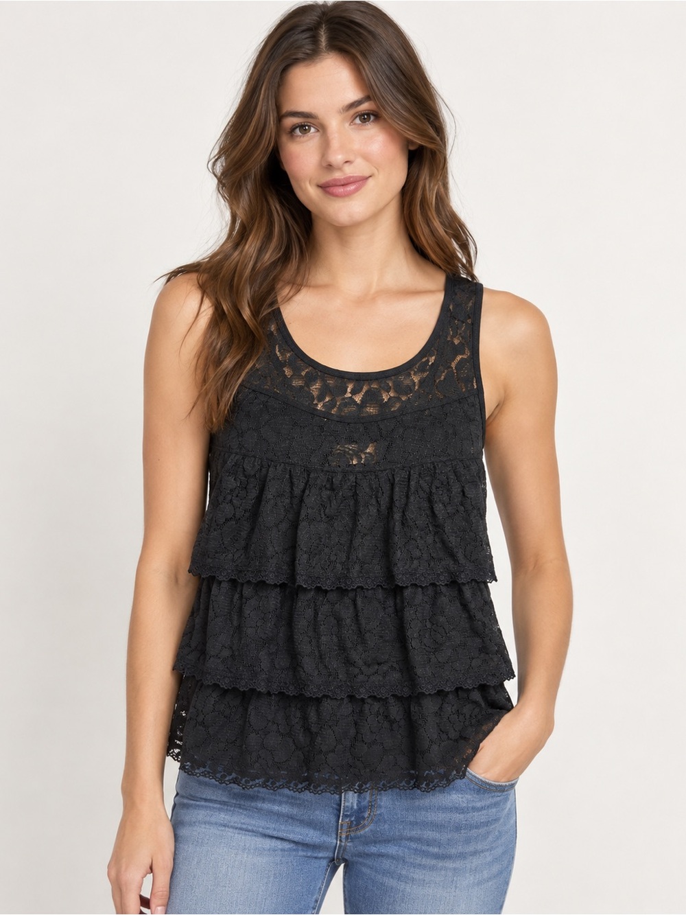 Abercrombie & Fitch Black Lace Tiered Ruffle Tank Top XS Y2K